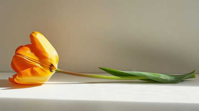 A single orange tulip lies on a white table against a pale yellow background.
