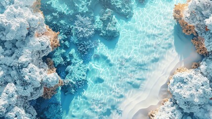 An aerial view of a coral reef in the Maldives. The water is crystal clear and you can see the coral reefs and fish swimming around. The sand is white and pristine.