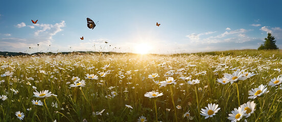 meadow with flowers and butterflies on sunny  summer day 