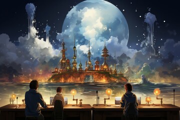 Fantasy scene with people sitting at table and looking at night sky - 788500129