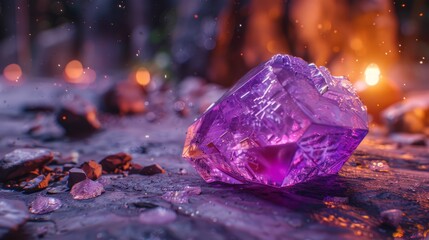 magic purple crystal on the table, Amethyst cluster, 