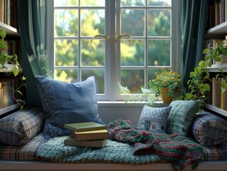 A cozy reading nook with a large window, pillows, blankets, and books. - obrazy, fototapety, plakaty