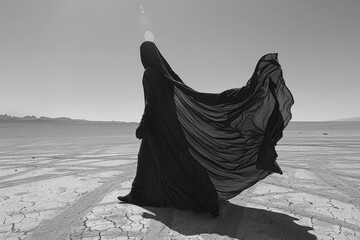 A figure in flowing black robes stands on cracked earth, under a stark, bright sky.