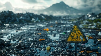 A post-apocalyptic landscape with a recycling symbol in the foreground.