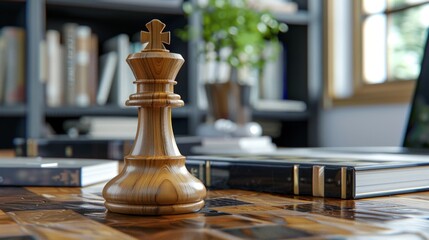 A wooden chess piece on a table with books in the background.