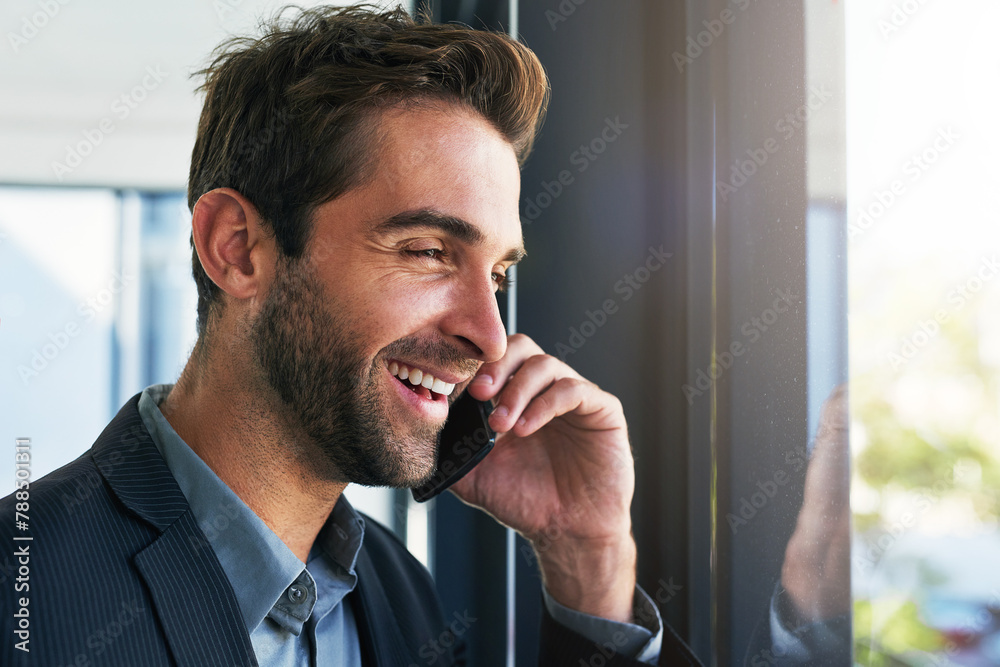 Poster happy, businessman and thinking with phone call for conversation, communication or proposal by windo