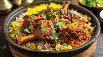 Authentic bangladeshi biryani with goat meat and aromatic spices