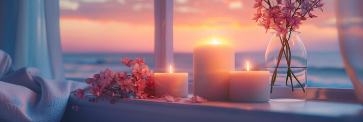 Candles and scented candles on the bedside table, white sheets, pink flowers in vases, and window views of sea waves at sunset.  warm ambiance for romantic moments or peaceful sleep.  - obrazy, fototapety, plakaty