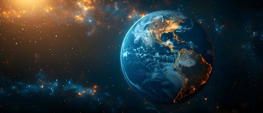 Global Harmony: Earth Aglow in Space. Concept Nature Photography, Scenic Landscapes, Astronomical Wonders, Environmental Conservation, Peaceful Retreats