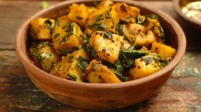Traditional aloo posto in a clay bowl, a popular bengali dish made with potatoes and poppy seeds