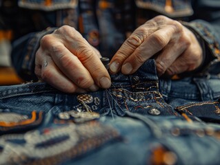 A close up of a tailor's hands sewing a button on a pair of jeans. - obrazy, fototapety, plakaty