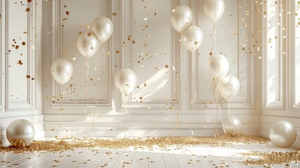 White and gold balloons with gold confetti falling in a white room.