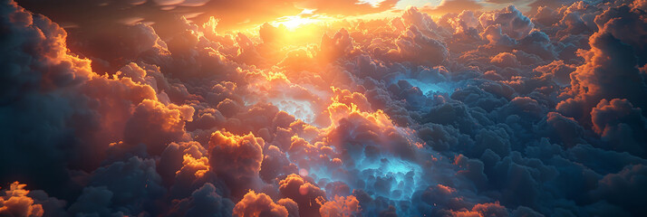  clouds orange beam of light shines down , cloud and sun,  background of heaven, where a bright ray of light breaks through the clouds, banner