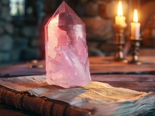 A glowing pink crystal on a table with candles in the background.