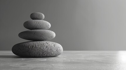 Black and white photo of four stacked stones on a concrete surface with a gray background.