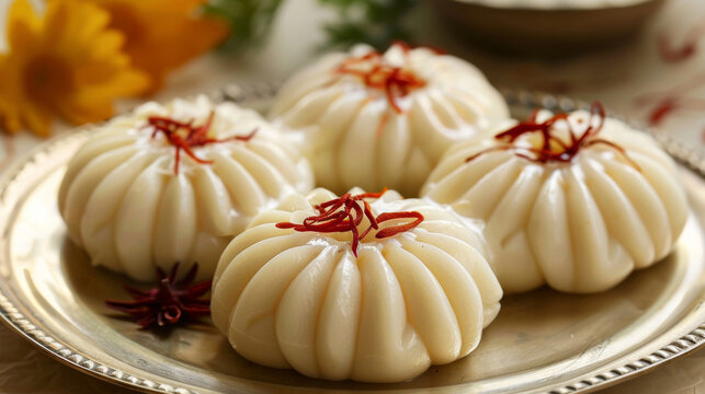 Exquisite sandesh desserts adorned with saffron served on a silver platter