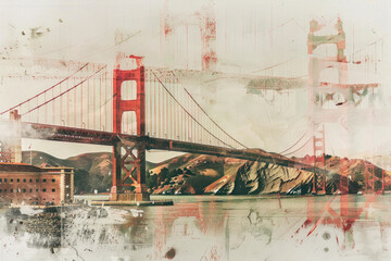 Golden Gate Bridge USA Double Exposure Minimalist Collage Art - obrazy, fototapety, plakaty