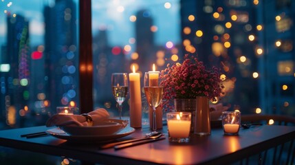 A romantic dinner table with candles and flowers overlooking a city at night.