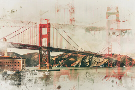 Golden Gate Bridge USA Double Exposure Minimalist Collage Art