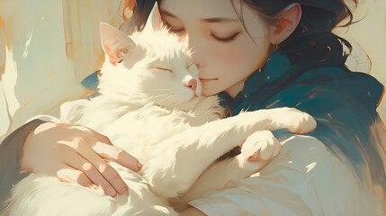 Beautiful young woman with white cat in her arms. Toned.