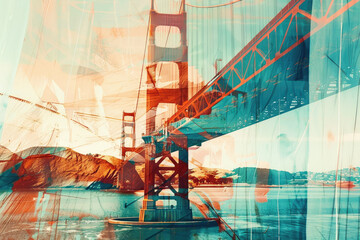 Golden Gate Bridge USA Double Exposure Minimalist Collage Art - obrazy, fototapety, plakaty
