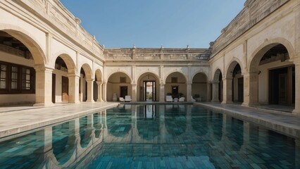 Obraz premium Serene courtyard with pool in old mansion