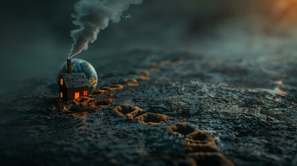 A small house on a barren, cracked earth with smoke coming out of the chimney