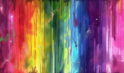 Multi-colored paint flows and drips abstract background banner. Drops of rainbow paint poster. Bright colorful wallpaper. Digital raster bitmap. Photo style. AI artwork.