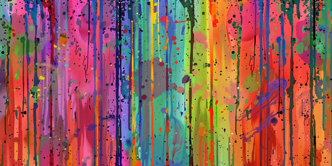 Multi-colored paint flows and drips abstract background banner. Drops of rainbow paint poster. Bright colorful wallpaper. Digital raster bitmap. Photo style. AI artwork.