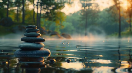 A stack of smooth, round stones balanced on top of each other, sitting in the middle of a still lake at sunrise with a forest in the background.