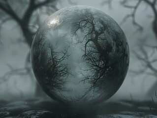 A dark foggy forest with a glowing white orb in the foreground.