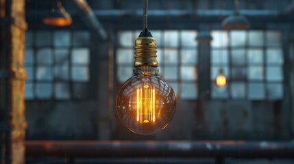 Light bulb hanging from the ceiling in an industrial building. - obrazy, fototapety, plakaty