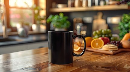 Black coffee mug on a wooden table in a modern kitchen. - obrazy, fototapety, plakaty
