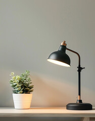 A black table lamp with an antique brass finish is placed on the table and next to it is an indoor plant grown in white pot.