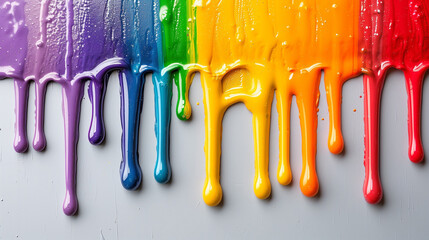 Multi-colored paint flows and drips abstract background banner. Drops of rainbow paint poster. Bright colorful wallpaper. Digital raster bitmap. Photo style. AI artwork.
