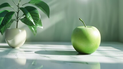 A green apple sits on a marble table next to a small potted plant.