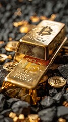 Gold bars alongside digital asset symbols, merging traditional wealth with cryptocurrency trends