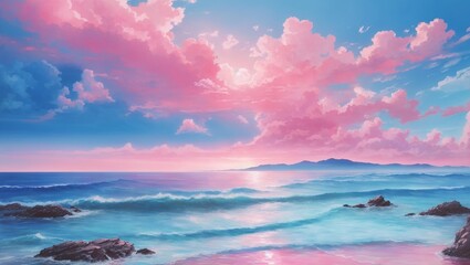 A beach scene with pink clouds and blue water.