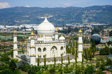 Cundinamarca, Colombia. April 13, 2024. Jaime Duque park near Bogota with a copy of the Taj mahal, ancyent seven wonders and lakes