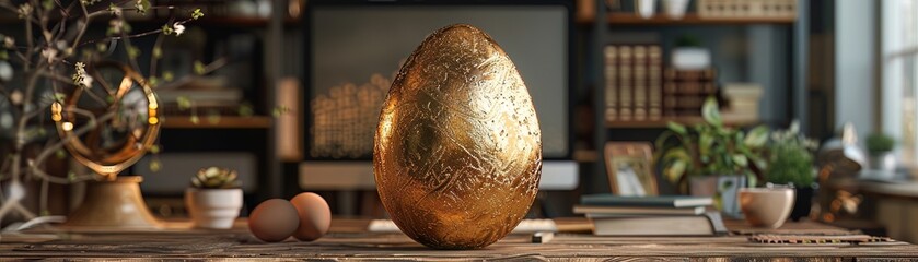 Golden egg in a co working space for startups, illustrating wealth potential in innovative business ideas - obrazy, fototapety, plakaty