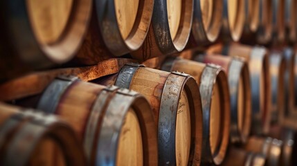 Rows of wooden wine barrels stacked high, creating a picturesque background