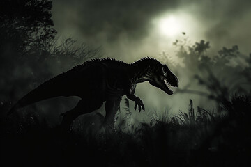 Stealthy shadow black Tyrannosaurus silhouette, blending into the night.