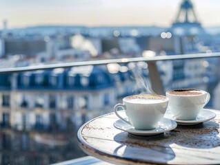 Two cups of cappuccino on the table with Paris cityscape