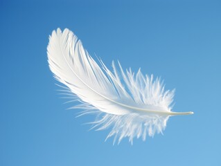 A single white feather floating in a clear blue sky.