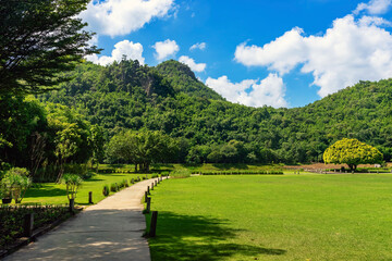 Pathway passes through lush grassy fields amidst a beautiful tranquil nature with the mountains in background. Beautiful view of nature with green grass, lush trees, mountain and sky. Green Landscape.