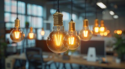 Several lit Edison light bulbs hang from black cords in a room with large windows and green plants.