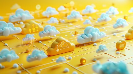 3d rendering of a yellow and white circuit board with clouds on it.