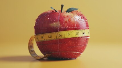 A red apple with a measuring tape wrapped around it.