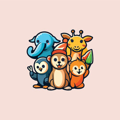 collection of kawaii animals giraffe, elephant, penguin, seal, cat, cute sticker, brand mascot cartoon character Cute , Animal Logo, Vector illustration of cute shape