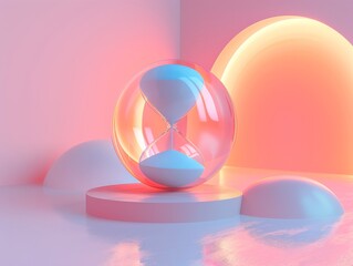 An hourglass timer sits on a podium in a surreal dreamscape.